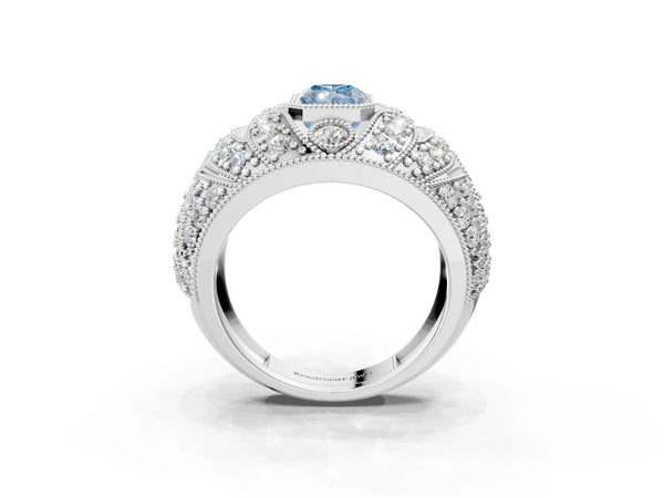 Platinum Fancy Blue Radiant Cut Brilliant Halo Pave Diamond Milgrain Ring
