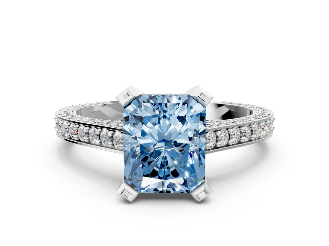 Platinum Fancy Blue Radiant Cut Brilliant Split Shank Pave Solitaire Ring with Four-Prong Setting_12