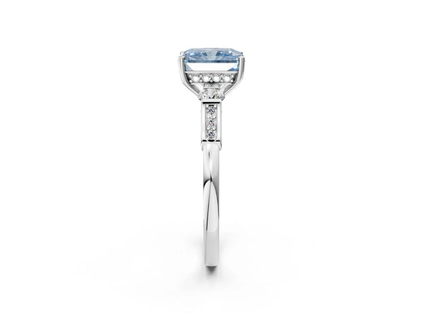 Platinum Fancy Blue Radiant Cut Brilliant Three-Stone Pave Band with Four-Prong Setting