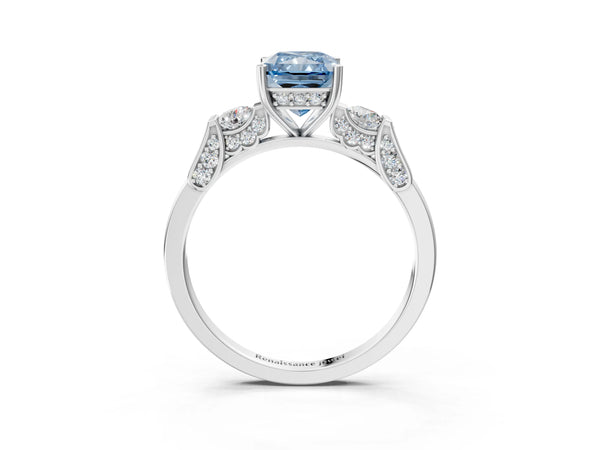 Platinum Fancy Blue Radiant Cut Brilliant Three-Stone Pave Band with Four-Prong Setting