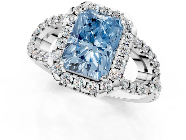 Platinum Radiant Cut Split Shank Pave Halo Engagement Ring Setting for Fancy Blue Center