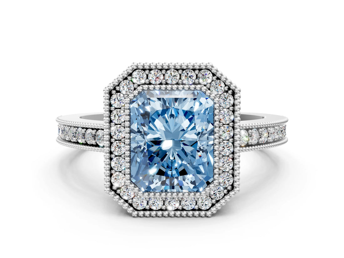 Platinum Fancy Blue Radiant Cut Cut Halo Pavé Diamond Ring_12