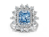 Platinum Fancy Blue Radiant Cut Diamond Floral Double Halo Engagement Ring with Prong Setting_162