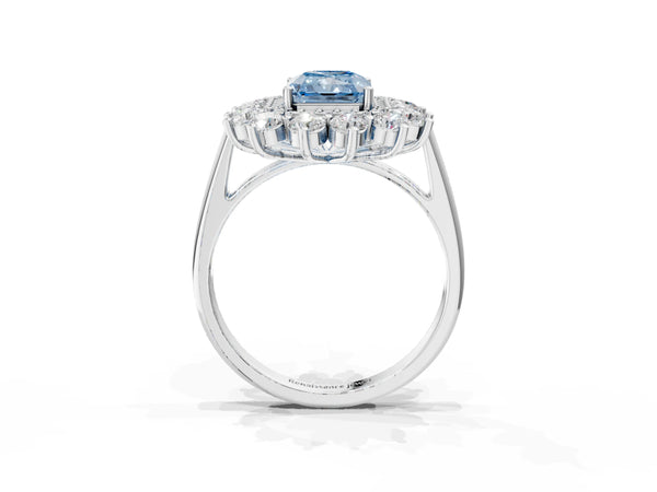 Platinum Radiant Cut Floral Double Halo Engagement Ring Setting for Fancy Blue Center