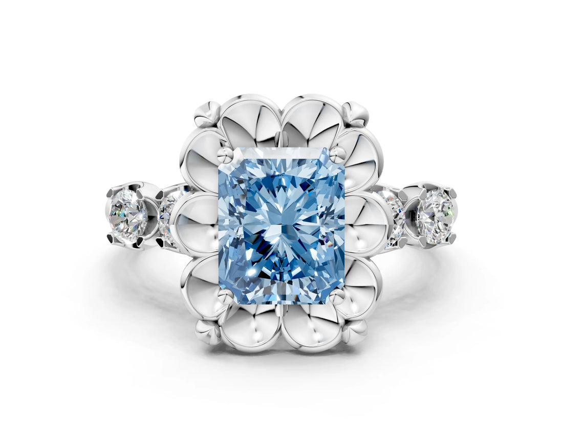 Platinum Fancy Blue Radiant  Cut Diamond Floral Halo Engagement Ring with Shared Prong Setting