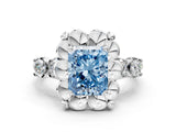 Platinum Fancy Blue Radiant  Cut Diamond Floral Halo Engagement Ring with Shared Prong Setting
