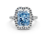 Platinum Fancy Blue Radiant Cut Diamond Floral Halo Split Shank Prong Setting Ring_6