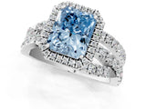 Platinum Fancy Blue Radiant Cut Diamond Halo Ring with Round Split Shank and Prong Setting_13