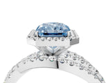 Platinum Fancy Blue Radiant Cut Diamond Halo Ring with Round Split Shank and Prong Setting_16