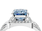 Platinum Fancy Blue Radiant Cut Diamond Halo Ring with Split Shank and Bezel Accents and Four-Prong Setting_10
