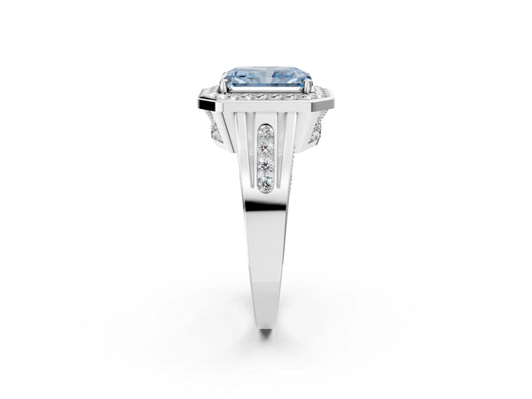 Platinum Fancy Blue Radiant Cut Diamond Halo Ring with Split Shank and Bezel Accents and Prong Setting