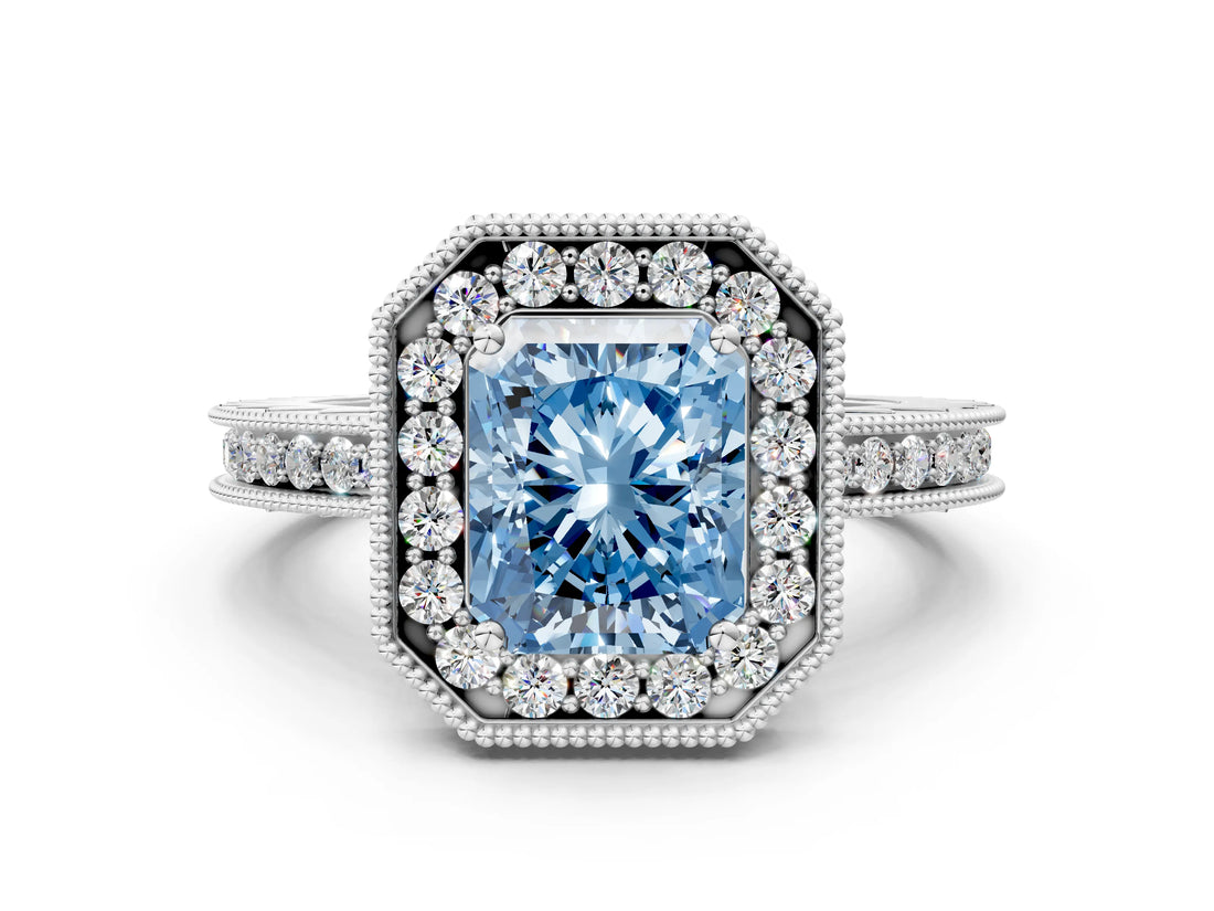 Platinum Fancy Blue Radiant Cut Diamond Milgrain Halo Engagement Ring with Round Pavé Band and Prong Setting_12