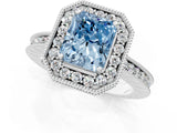Platinum Fancy Blue Radiant Cut Diamond Milgrain Halo Engagement Ring with Round Pavé Band and Prong Setting_13
