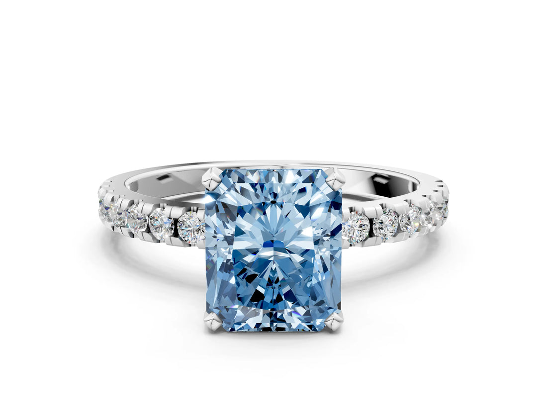 Platinum Fancy Blue Radiant Cut Diamond Solitaire Ring with Round  Pavé Band and Four-Prong Setting_36