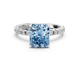 Platinum Fancy Blue Radiant Cut Diamond Solitaire Ring with Round  Pavé Band and Four-Prong Setting_36