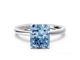 Platinum Fancy Blue Radiant Cut Diamond Solitaire Ring with Thin Band and Prong Setting