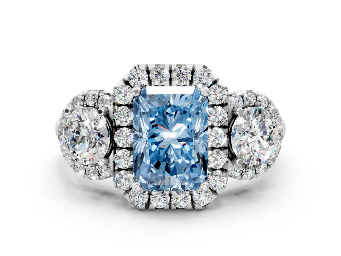 Platinum Fancy Blue Radiant Cut Diamond Three-Stone Halo Ring with Prong Setting and Pavé Accents_12