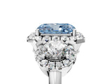 Platinum Fancy Blue Radiant Cut Diamond Three-Stone Halo Ring with Prong Setting and Pavé Accents_17
