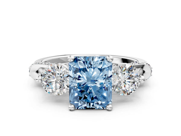 Platinum Radiant Cut Curved Pave Three Stone Engagement Ring Setting for Fancy Blue Center