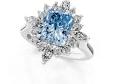 Platinum Fancy Blue Radiant Cut Halo Diamond Cluster Ring with Marquise and Round Stones on a White Gold Band with Prong Setting_1