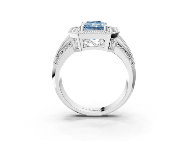 Platinum Fancy Blue Radiant Cut Halo Diamond Engagement Ring with Pave Split Shank and Four-Prong Setting