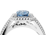 Platinum Fancy Blue Radiant Cut Halo Diamond Ring with Beaded Split Shank and Four-Prong Setting_10