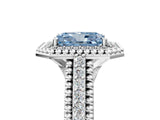 Platinum Fancy Blue Radiant Cut Halo Diamond Ring with Beaded Split Shank and Four-Prong Setting_11