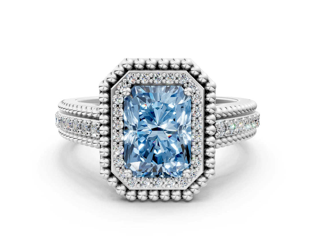 Platinum Fancy Blue Radiant Cut Halo Diamond Ring with Beaded Split Shank and Four-Prong Setting_6