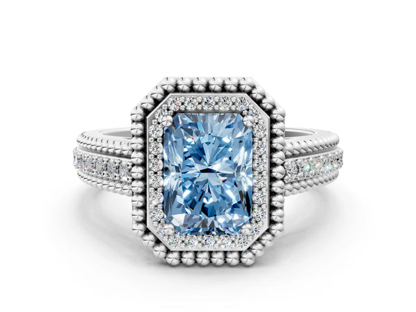 Platinum Radiant Cut Beaded Halo Engagement Ring Setting for Fancy Blue Center with Pave