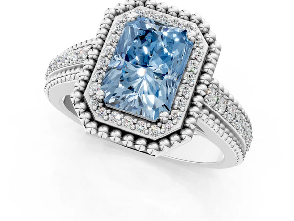 Platinum Radiant Cut Beaded Halo Engagement Ring Setting for Fancy Blue Center with Pave
