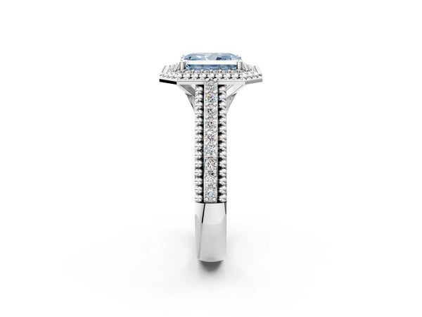 Platinum Radiant Cut Beaded Halo Engagement Ring Setting for Fancy Blue Center with Pave