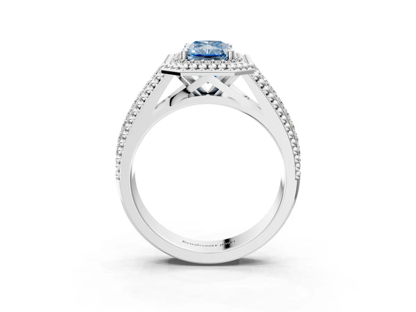 Platinum Radiant Cut Beaded Halo Engagement Ring Setting for Fancy Blue Center with Pave