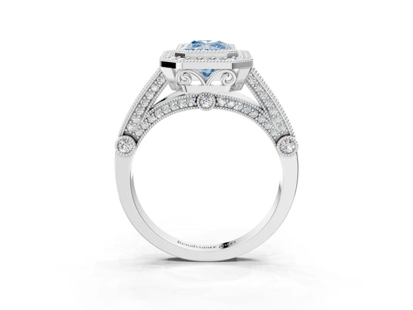 Platinum Radiant Cut Vintage Bezel Halo Engagement Ring Setting for Fancy Blue Center