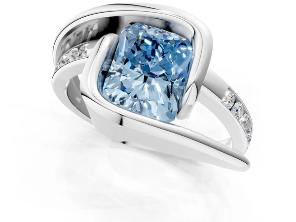 Platinum Fancy Blue Radiant Cut Solitaire Tension-Set Diamond Split Shank Ring