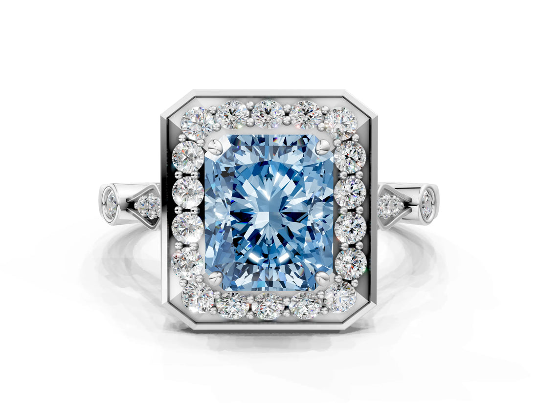 Platinum Fancy Blue Radiant  Halo Diamond Engagement Ring with Twisted Band and Four-Prong Setting 1
