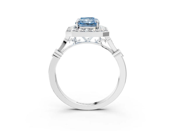 Platinum Radiant Cut Bezel Station Halo Engagement Ring Setting for Fancy Blue Center