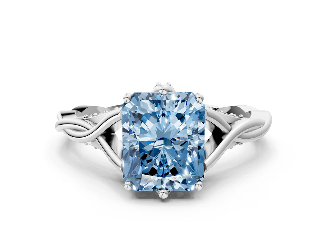Platinum Fancy Blue Radiant  Solitaire Twist Band Six-Prong Setting