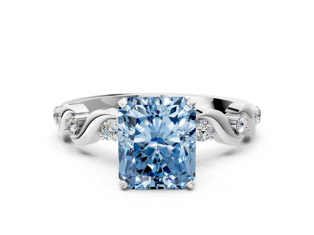 Platinum Fancy Blue Radiant  Solitaire Twisted Band with Prong Setting 1