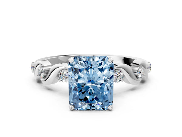 Platinum Fancy Blue Radiant  Solitaire Twisted Band with Prong Setting