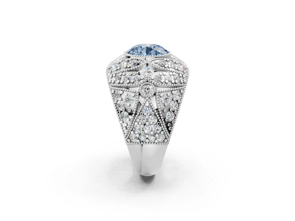 Platinum Fancy Blue Round Cut Brilliant Halo Pave Diamond Milgrain Ring