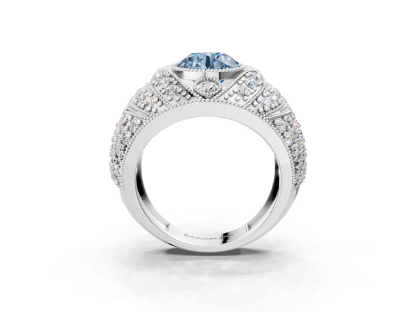 Platinum Fancy Blue Round Cut Brilliant Halo Pave Diamond Milgrain Ring