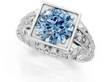Platinum Fancy Blue Round Cut Brilliant Milgrain Filigree Diamond Ring with Square Prong Setting_13