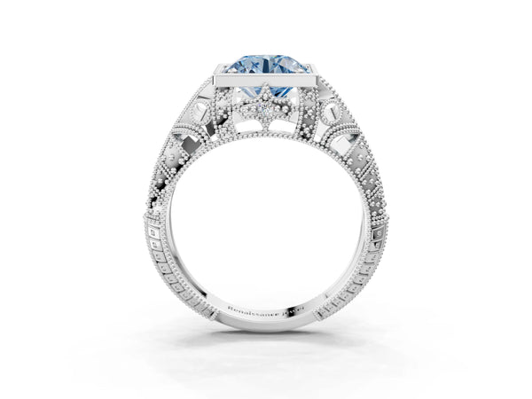 Platinum Fancy Blue Round Cut Brilliant Milgrain Filigree Diamond Ring with Square Prong Setting