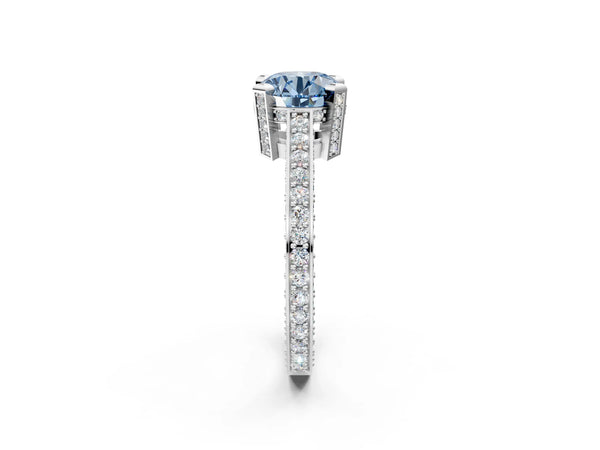 Platinum Fancy Blue Round Cut Brilliant Split Shank Pave Solitaire Ring with Four-Prong Setting