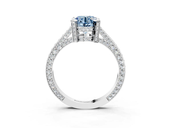 Platinum Fancy Blue Round Cut Brilliant Split Shank Pave Solitaire Ring with Four-Prong Setting