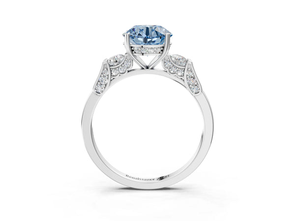 Platinum Fancy Blue Round Cut Brilliant Three-Stone Pave Band with Four-Prong Setting