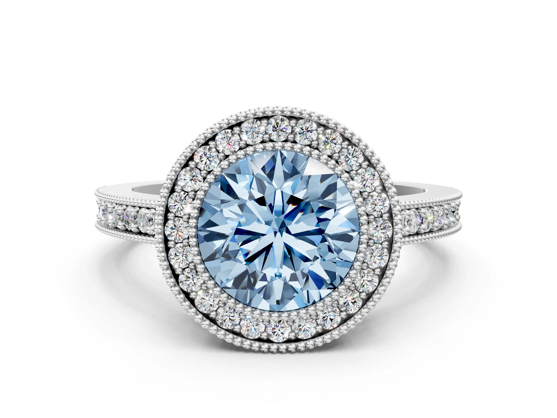 Platinum Fancy Blue Round Cut-Cut Diamond Halo Engagement Ring with Pave Band and Prong Setting_12