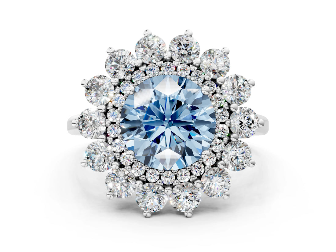 Platinum Fancy Blue Round Cut Diamond Floral Double Halo Engagement Ring with Prong Setting_153
