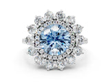 Platinum Fancy Blue Round Cut Diamond Floral Double Halo Engagement Ring with Prong Setting_153