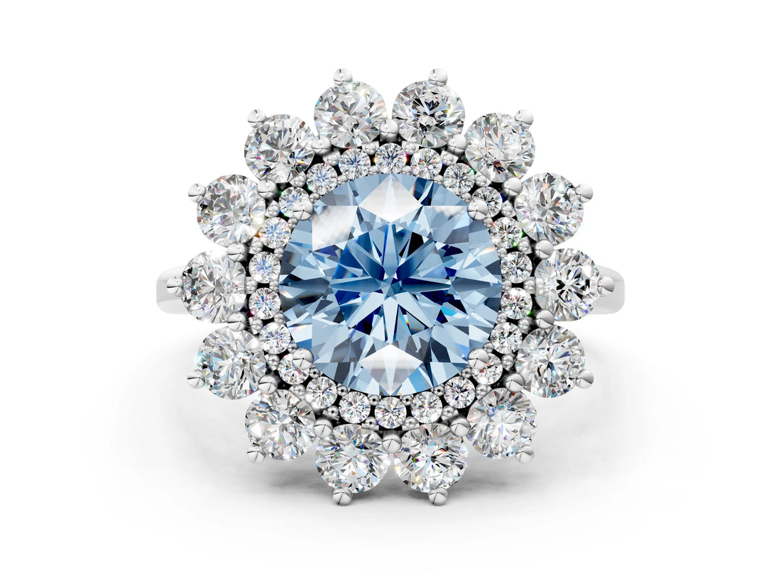 Platinum Fancy Blue Round Cut Diamond Floral Double Halo Engagement Ring with Prong Setting_39